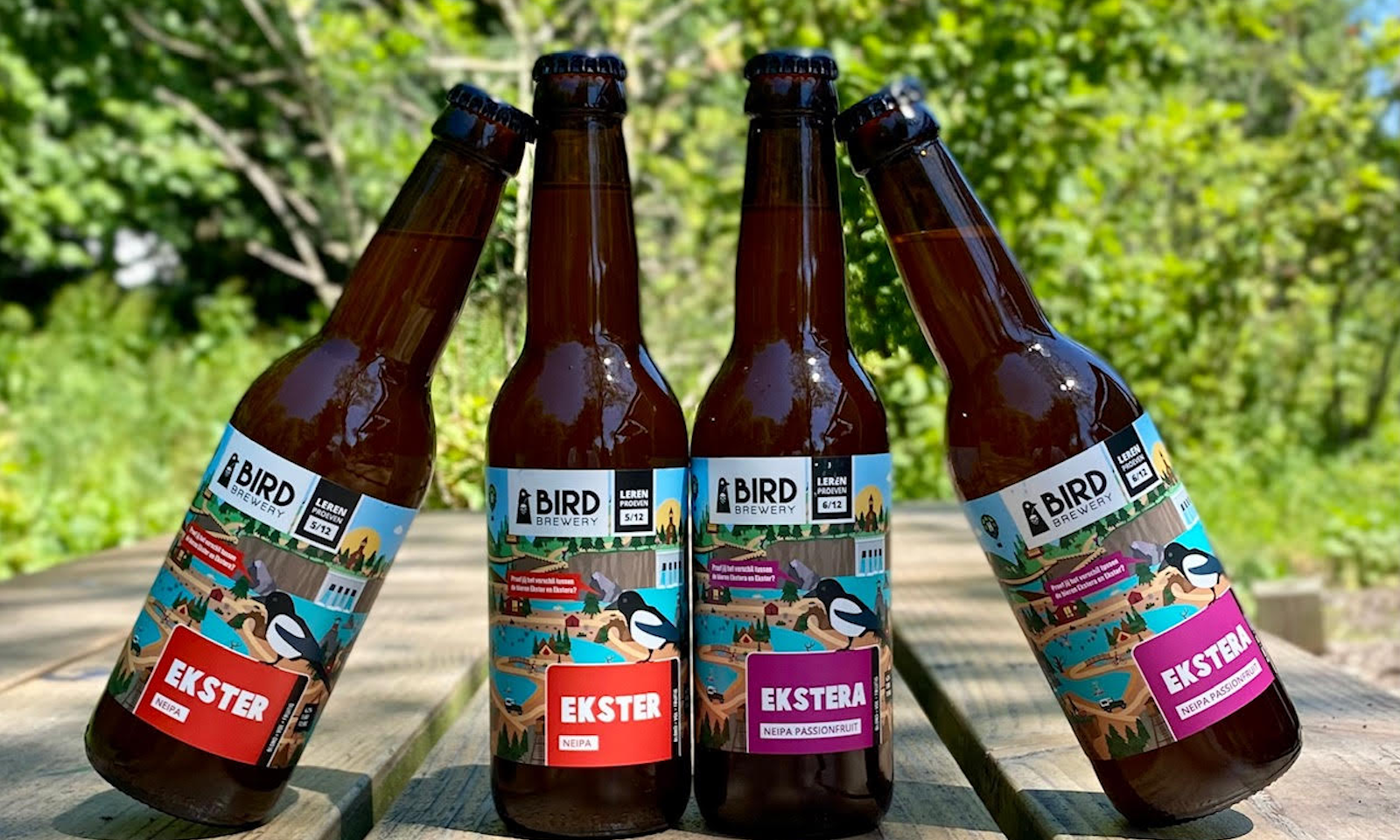 4 flesjes bier: 2x Ekster en 2x Ekstera op een picknicktafel